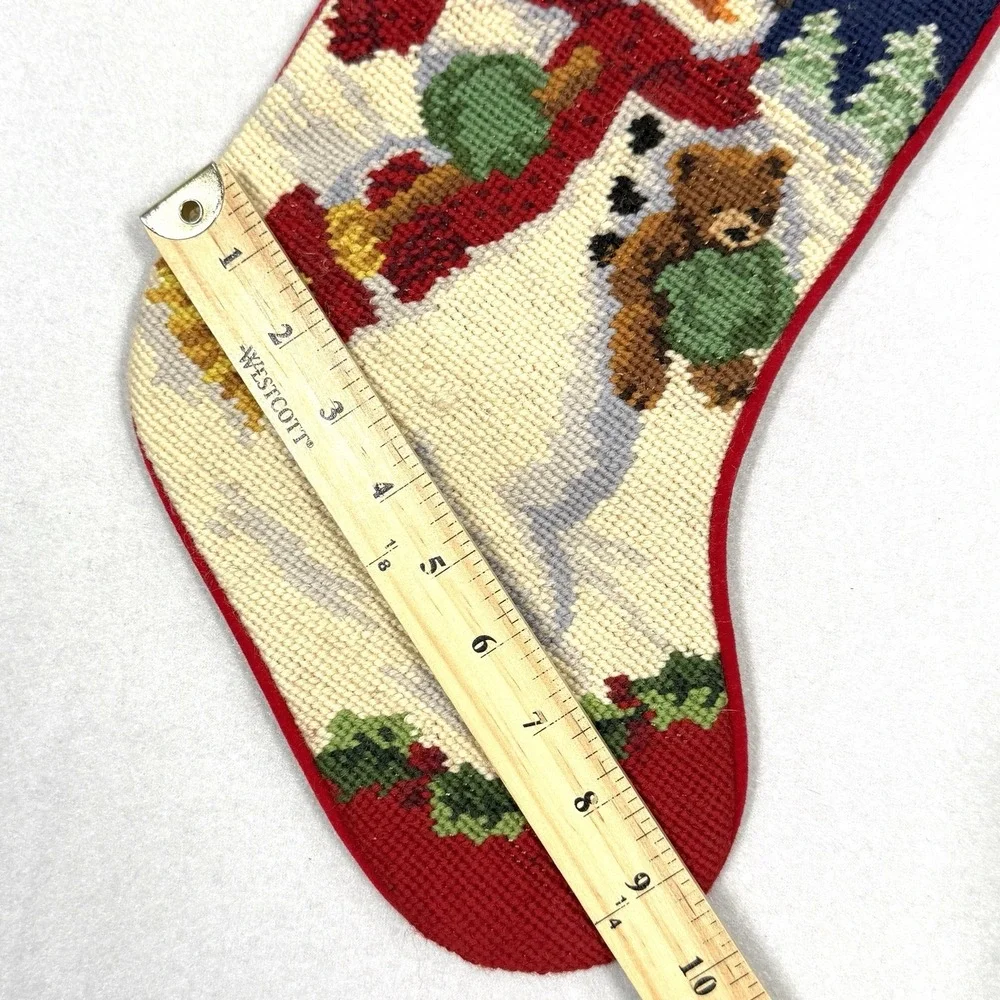 Vintage Christmas‎ Stocking Needlepoint Frosty Snowman Teddy Bear Wool Velvet